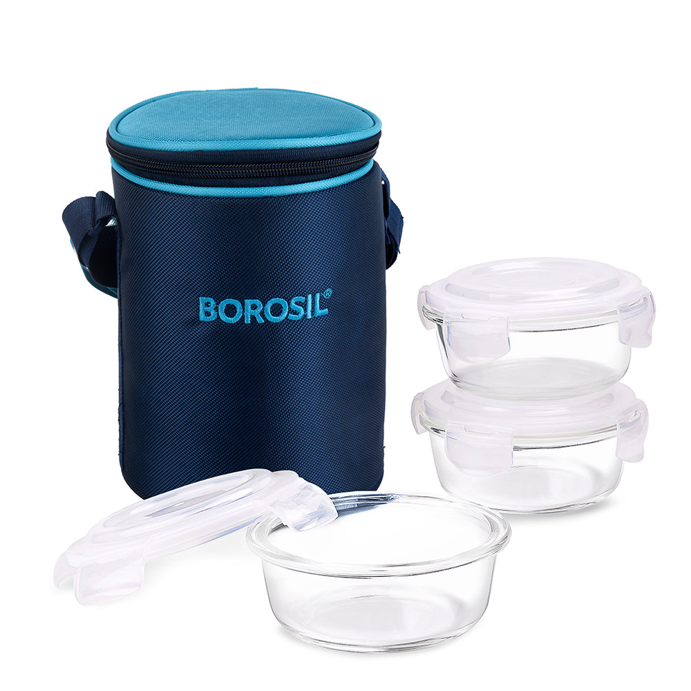 My Borosil Glass Lunchboxes Set of 3, 400ml Alfa Blue Glass Lunch Box, Round x 3 (Tall)