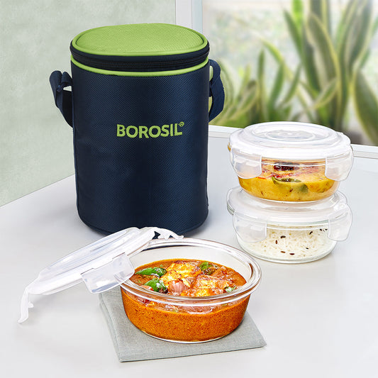 My Borosil Glass Lunchboxes Set of 3, 400ml Alfa Green Glass Lunch Box, Round x 3 (Tall)