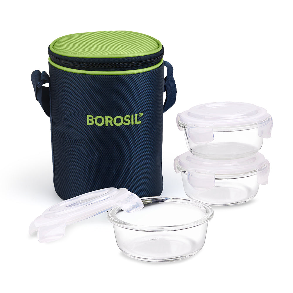 My Borosil Glass Lunchboxes Set of 3, 400ml Alfa Green Glass Lunch Box, Round x 3 (Tall)