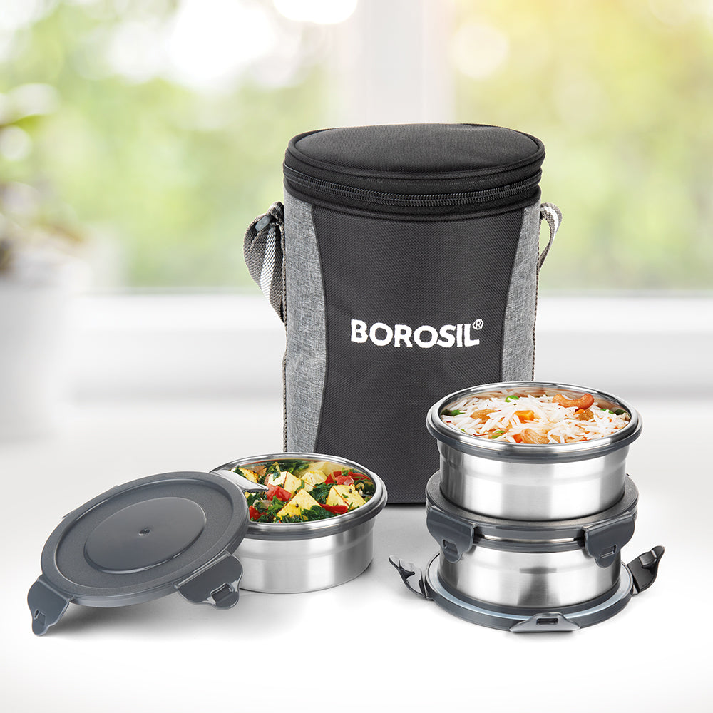 My Borosil Glass Lunchboxes Set of 3, 400ml Feast Stainless Steel Lunch Box, Round x 3 (Tall)