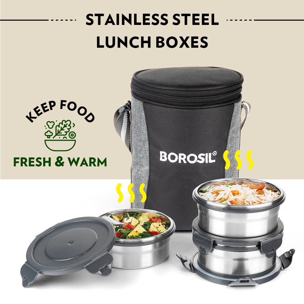 My Borosil Glass Lunchboxes Set of 3, 400ml Feast Stainless Steel Lunch Box, Round x 3 (Tall)