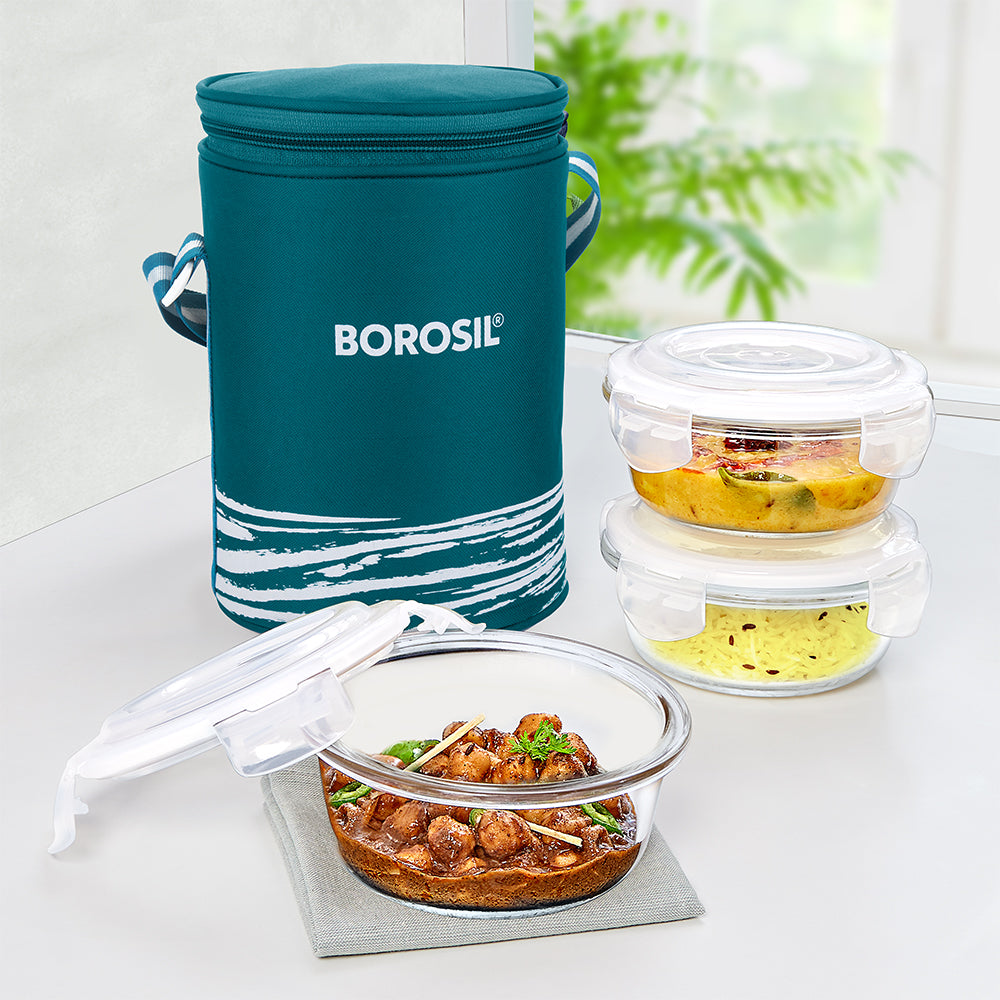 My Borosil Glass Lunchboxes Set of 3, 400ml Steller Glass Lunch Box, Round x 3 (Tall)