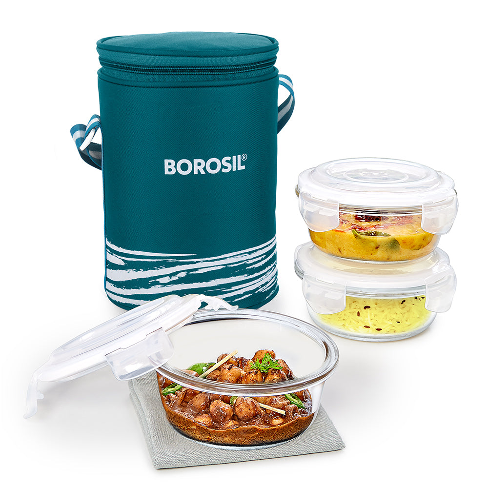 My Borosil Glass Lunchboxes Set of 3, 400ml Steller Glass Lunch Box, Round x 3 (Tall)