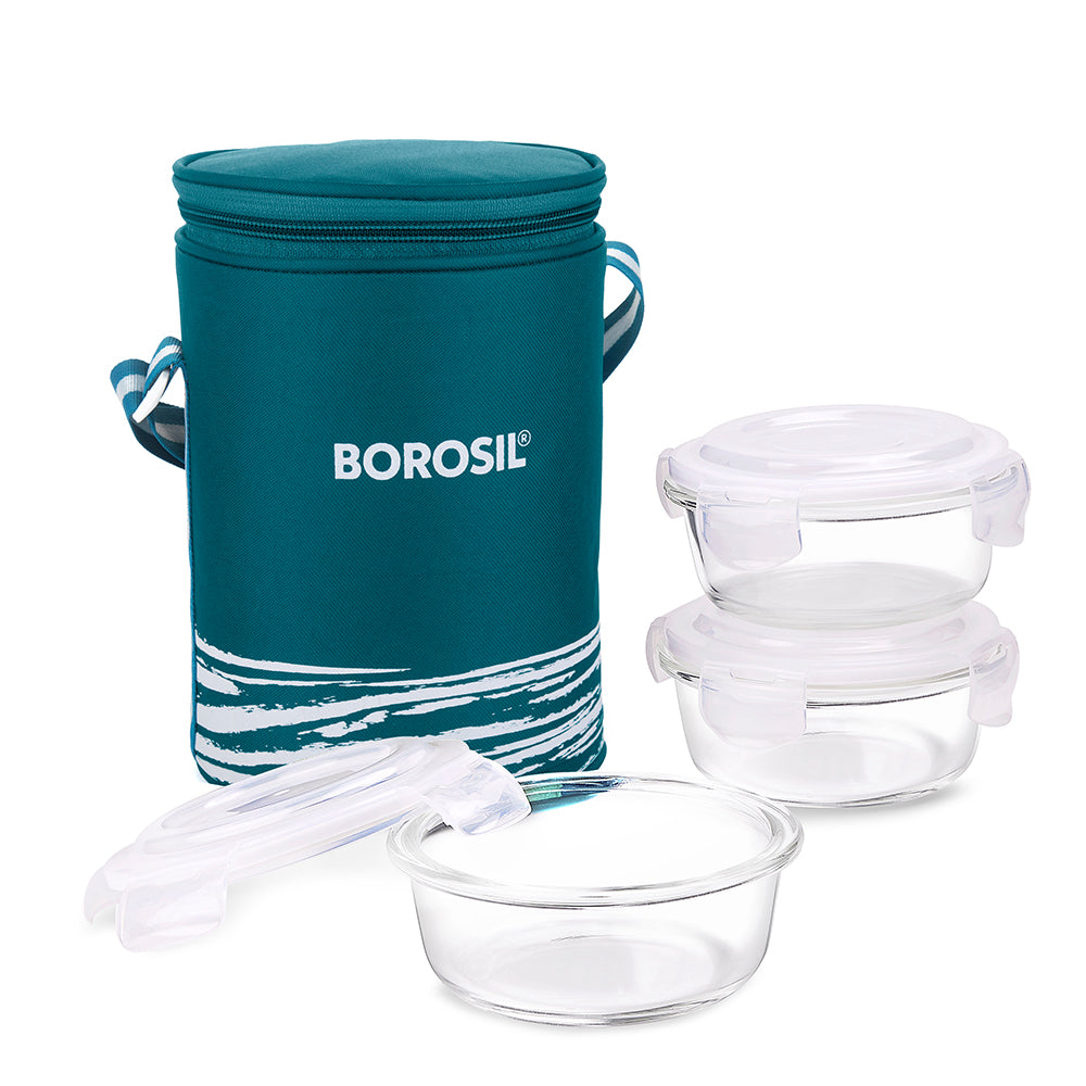 My Borosil Glass Lunchboxes Set of 3, 400ml Steller Glass Lunch Box, Round x 3 (Tall)