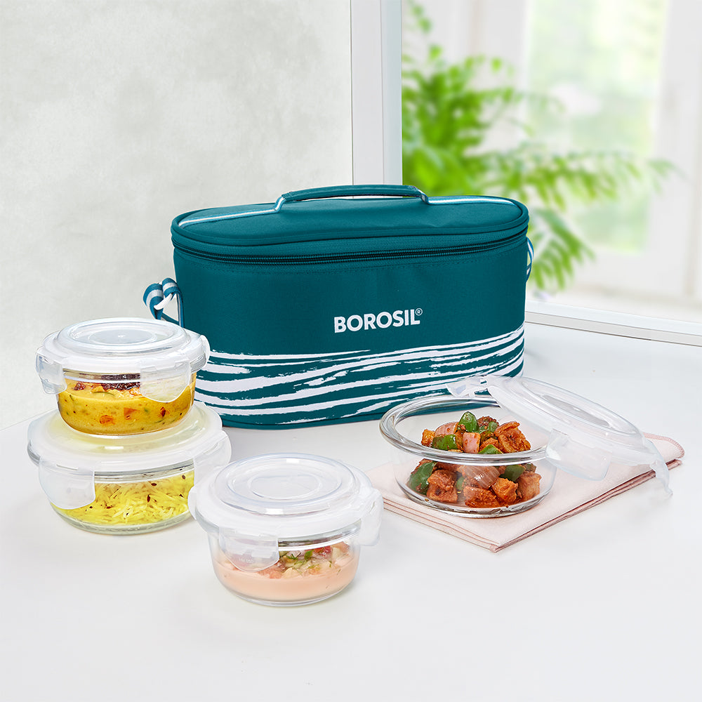 My Borosil Glass Lunchboxes Set of 4 (240 ml x 2 + 400 ml x 2) Steller Fusion Glass Lunch Box, Round x 4