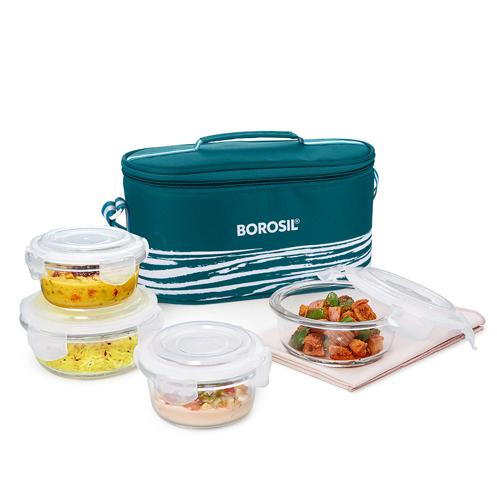 My Borosil Glass Lunchboxes Set of 4 (240 ml x 2 + 400 ml x 2) Steller Fusion Glass Lunch Box, Round x 4