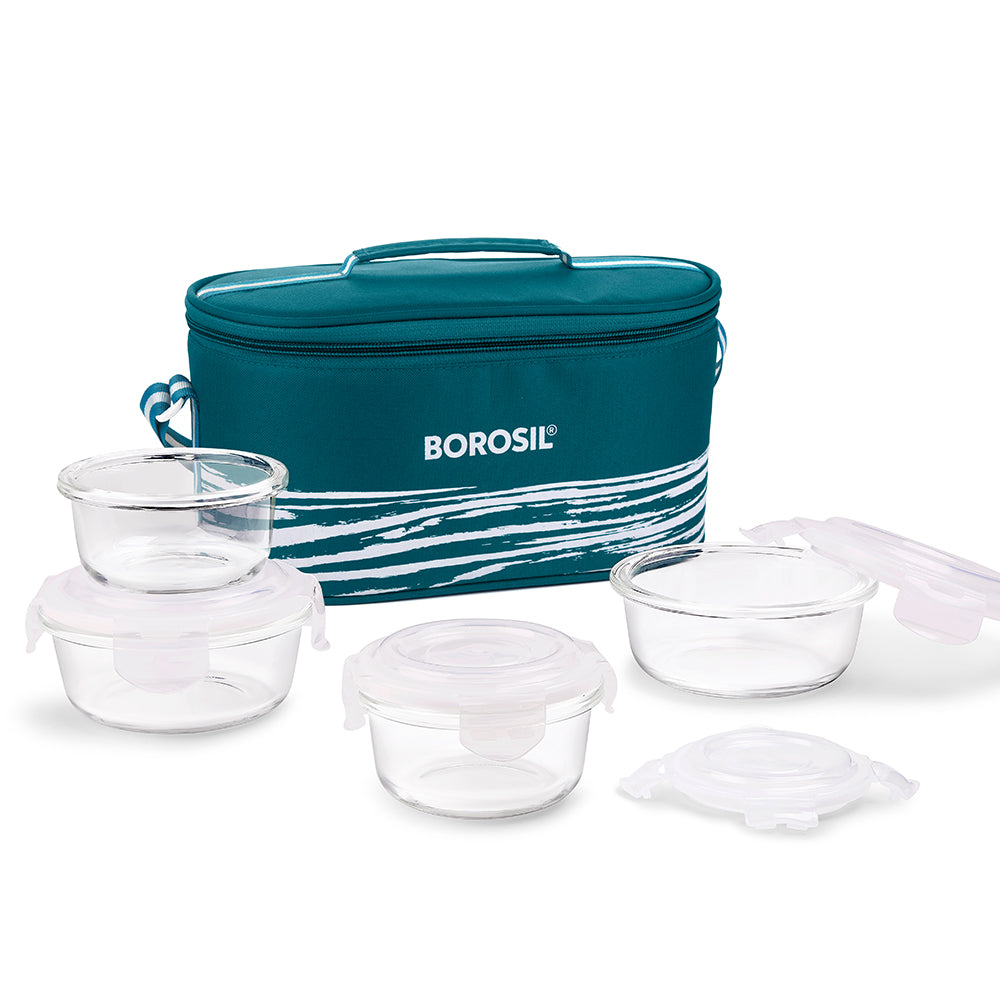 My Borosil Glass Lunchboxes Set of 4 (240 ml x 2 + 400 ml x 2) Steller Fusion Glass Lunch Box, Round x 4