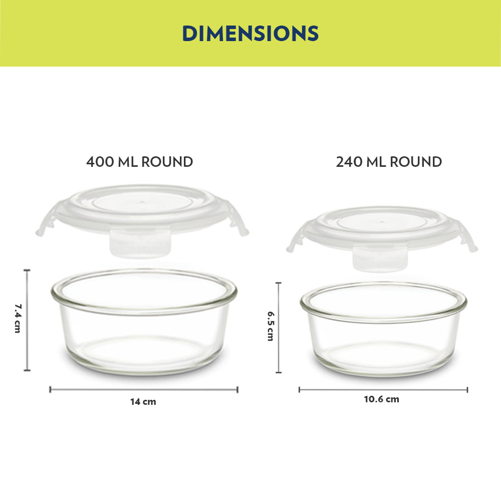 My Borosil Glass Lunchboxes Set of 4 (240 ml x 2 + 400 ml x 2) Steller Fusion Glass Lunch Box, Round x 4