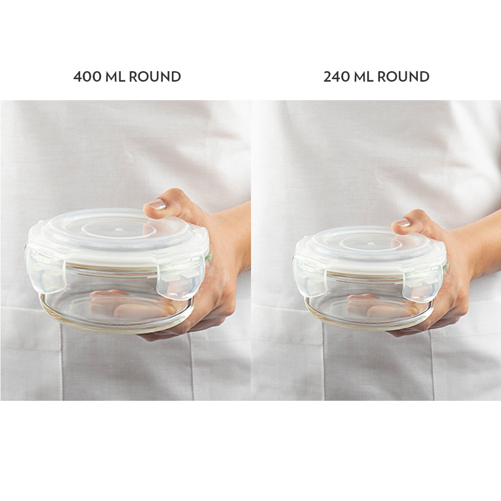 My Borosil Glass Lunchboxes Set of 4 (240 ml x 2 + 400 ml x 2) Steller Fusion Glass Lunch Box, Round x 4