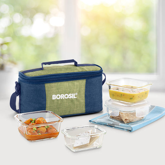 My Borosil Glass Lunchboxes Set of 4 (320 ml x 2 + 120 ml x 2) Ace Aroma Glass Lunch Box, Square x 4 (Flat)