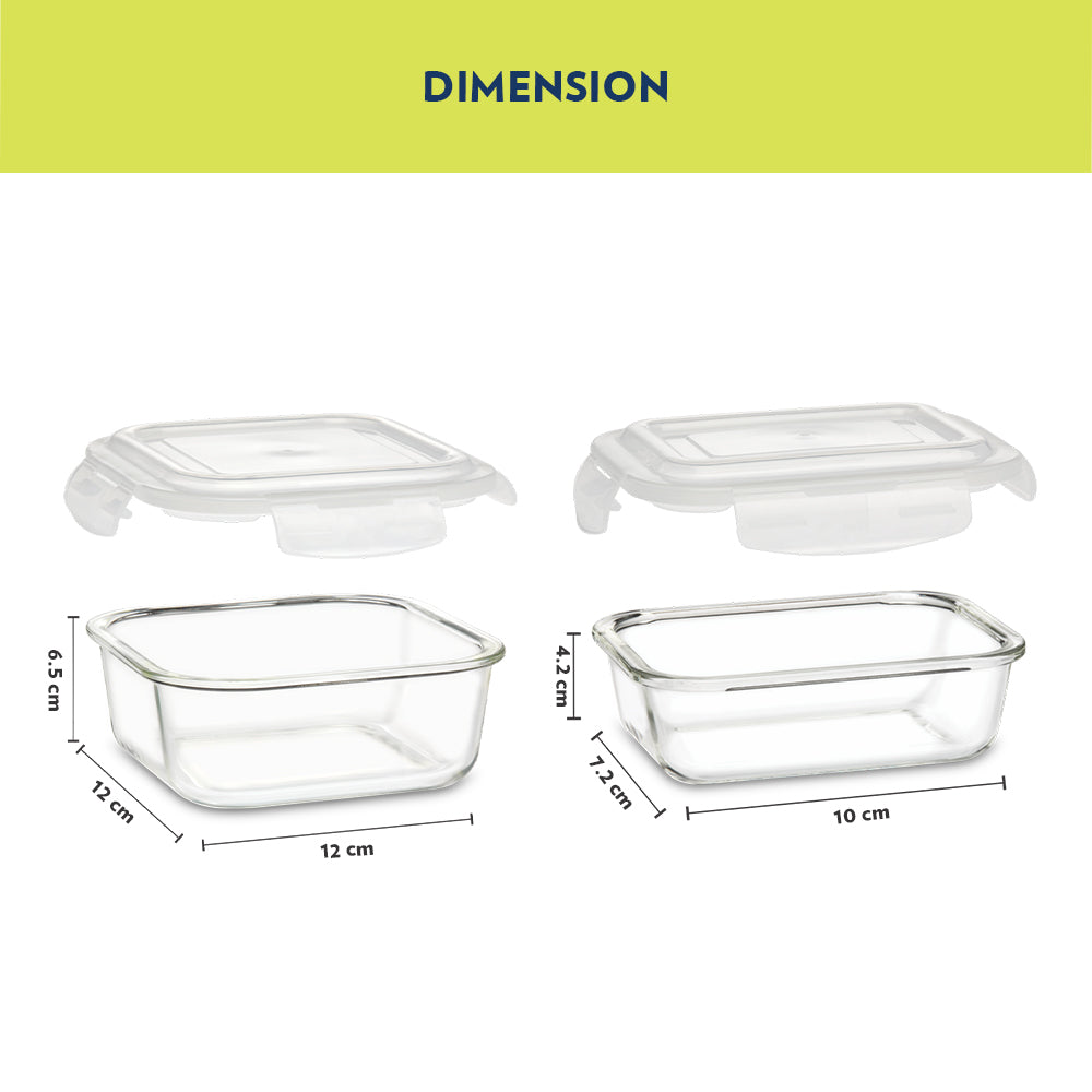 My Borosil Glass Lunchboxes Set of 4 (320 ml x 2 + 120 ml x 2) Ace Aroma Glass Lunch Box, Square x 4 (Flat)