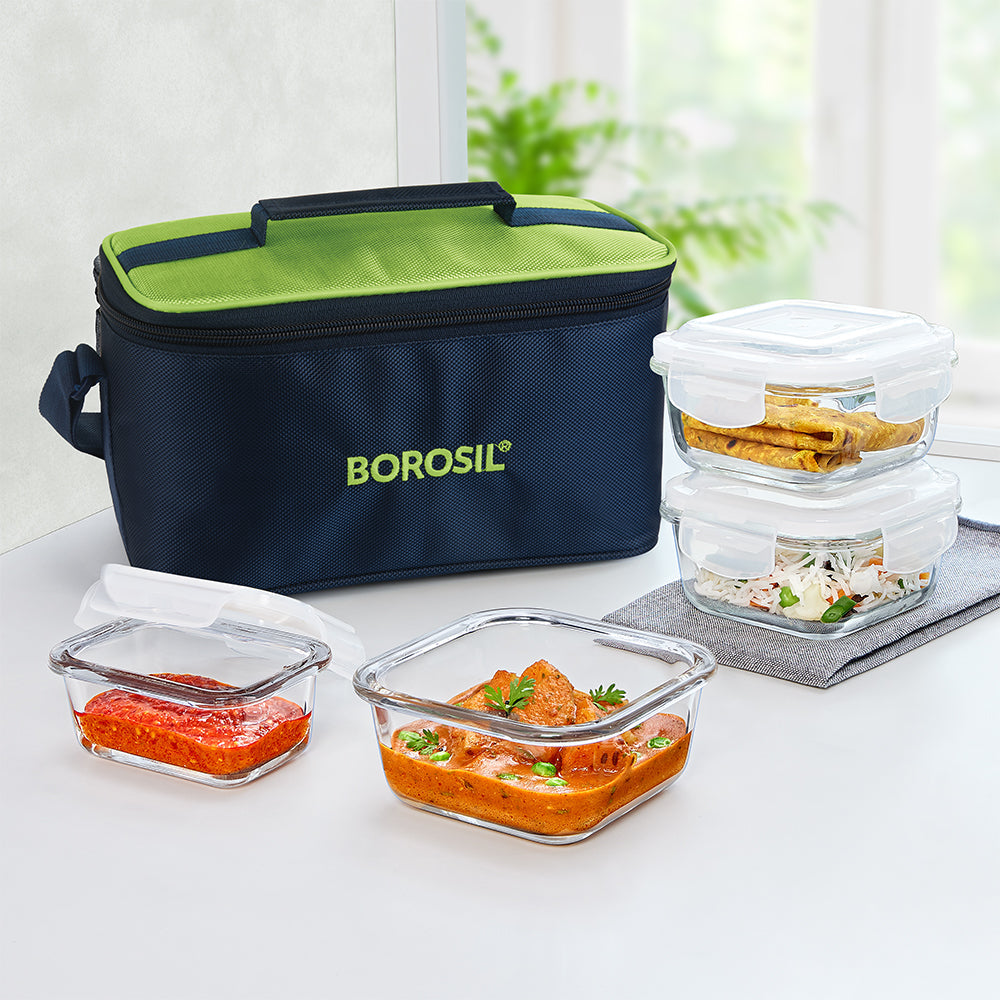 My Borosil Glass Lunchboxes Set of 4 (320 ml x 2 + 120 ml x 2) Alfa Aroma Green Glass Lunch Box, Square x 4