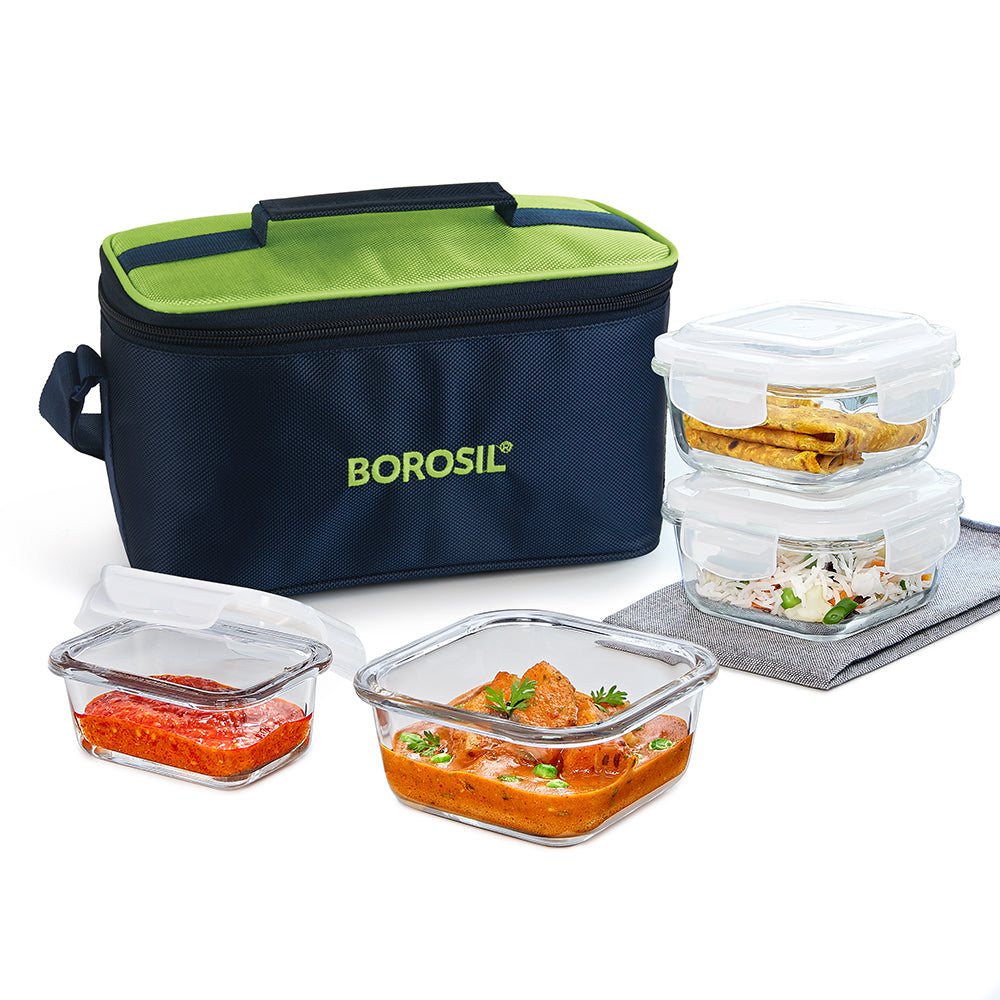 My Borosil Glass Lunchboxes Set of 4 (320 ml x 2 + 120 ml x 2) Alfa Aroma Green Glass Lunch Box, Square x 4