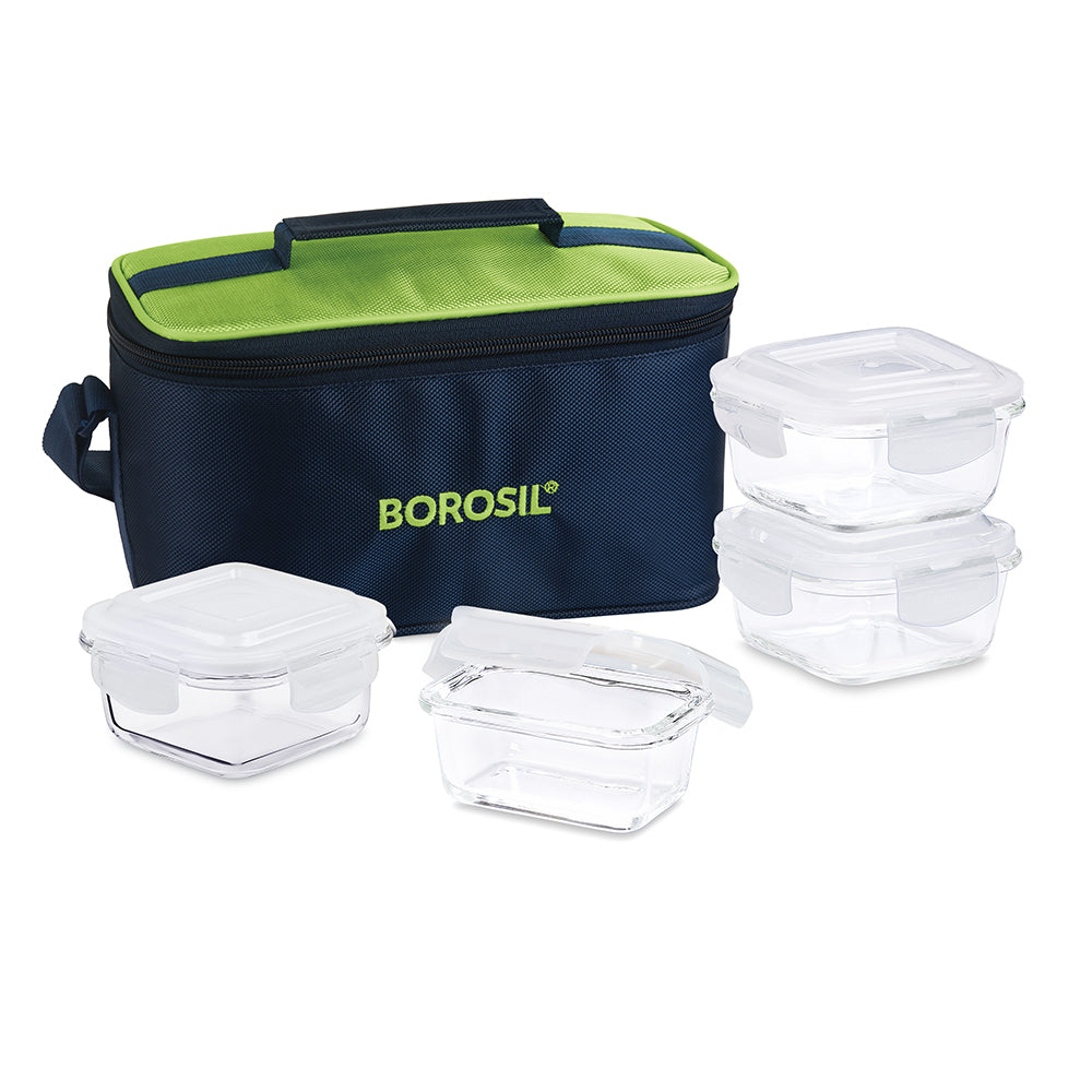 My Borosil Glass Lunchboxes Set of 4 (320 ml x 2 + 120 ml x 2) Alfa Aroma Green Glass Lunch Box, Square x 4