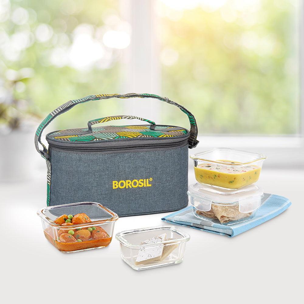 My Borosil Glass Lunchboxes Set of 4 (320 ml x 2 + 120 ml x 2) Food Luck Olive Glass Lunch Box, Square x 4