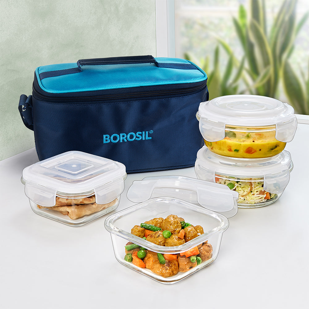 My Borosil Glass Lunchboxes Set of 4 (320 ml x 2 + 240 ml x 2) Alfa Blue Universal Glass Lunch Box