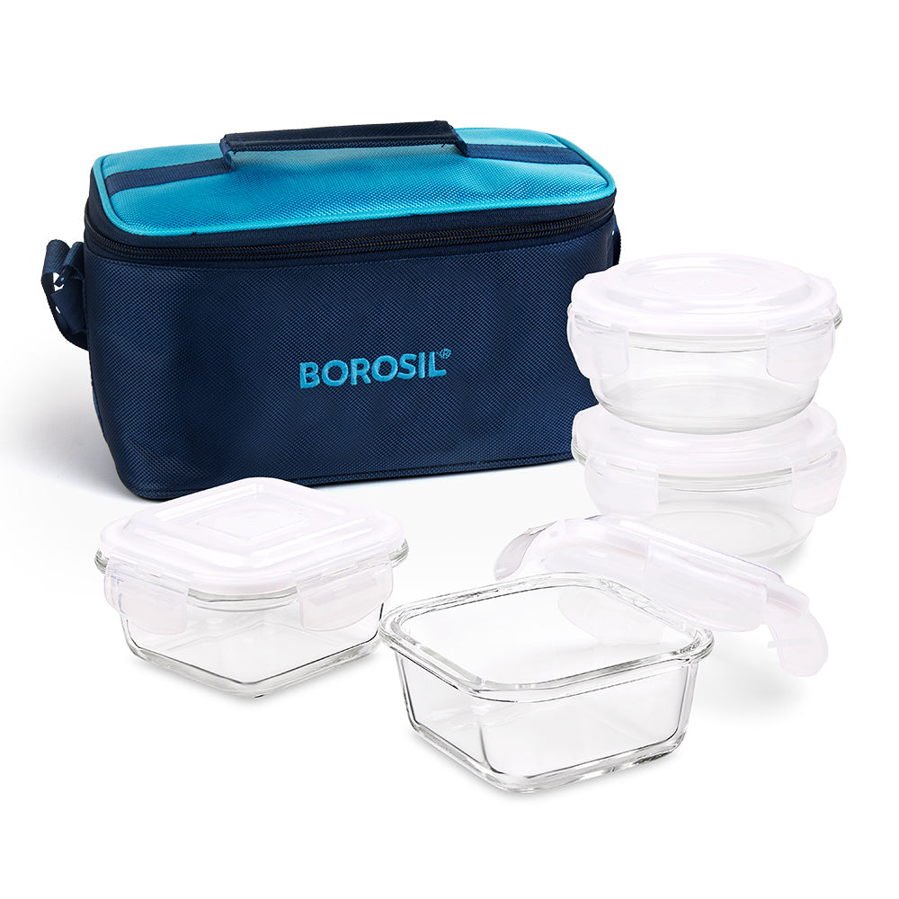 My Borosil Glass Lunchboxes Set of 4 (320 ml x 2 + 240 ml x 2) Alfa Blue Universal Glass Lunch Box