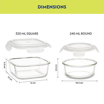 My Borosil Glass Lunchboxes Set of 4 (320 ml x 2 + 240 ml x 2) Alfa Blue Universal Glass Lunch Box