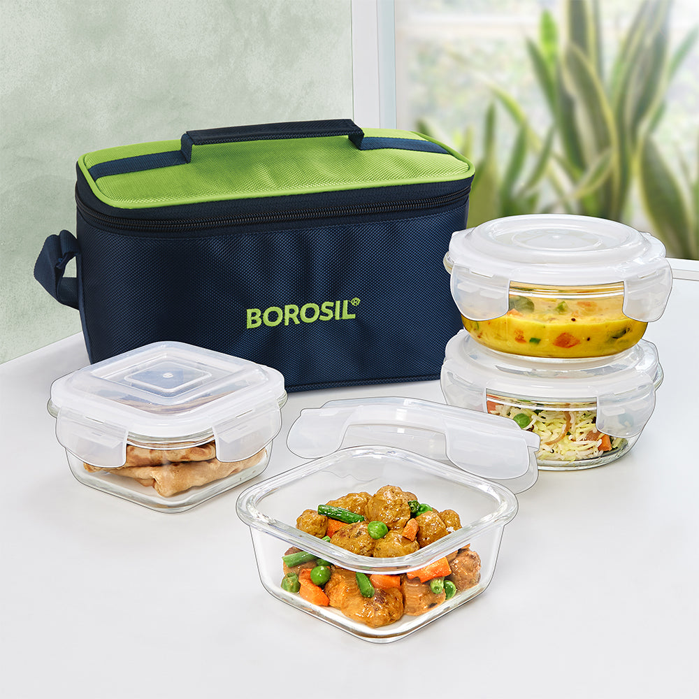 My Borosil Glass Lunchboxes Set of 4 (320 ml x 2 + 240 ml x 2) Alfa Green Universal Glass Lunch Box