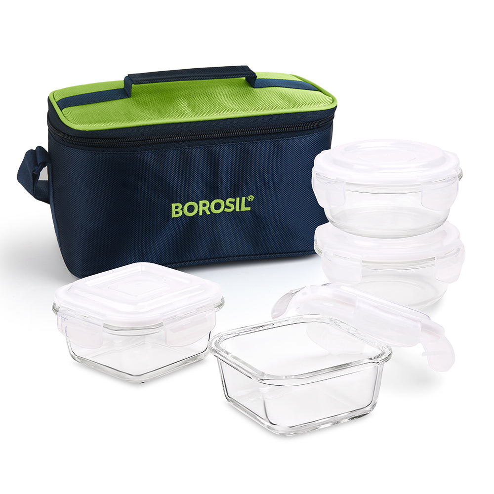 My Borosil Glass Lunchboxes Set of 4 (320 ml x 2 + 240 ml x 2) Alfa Green Universal Glass Lunch Box