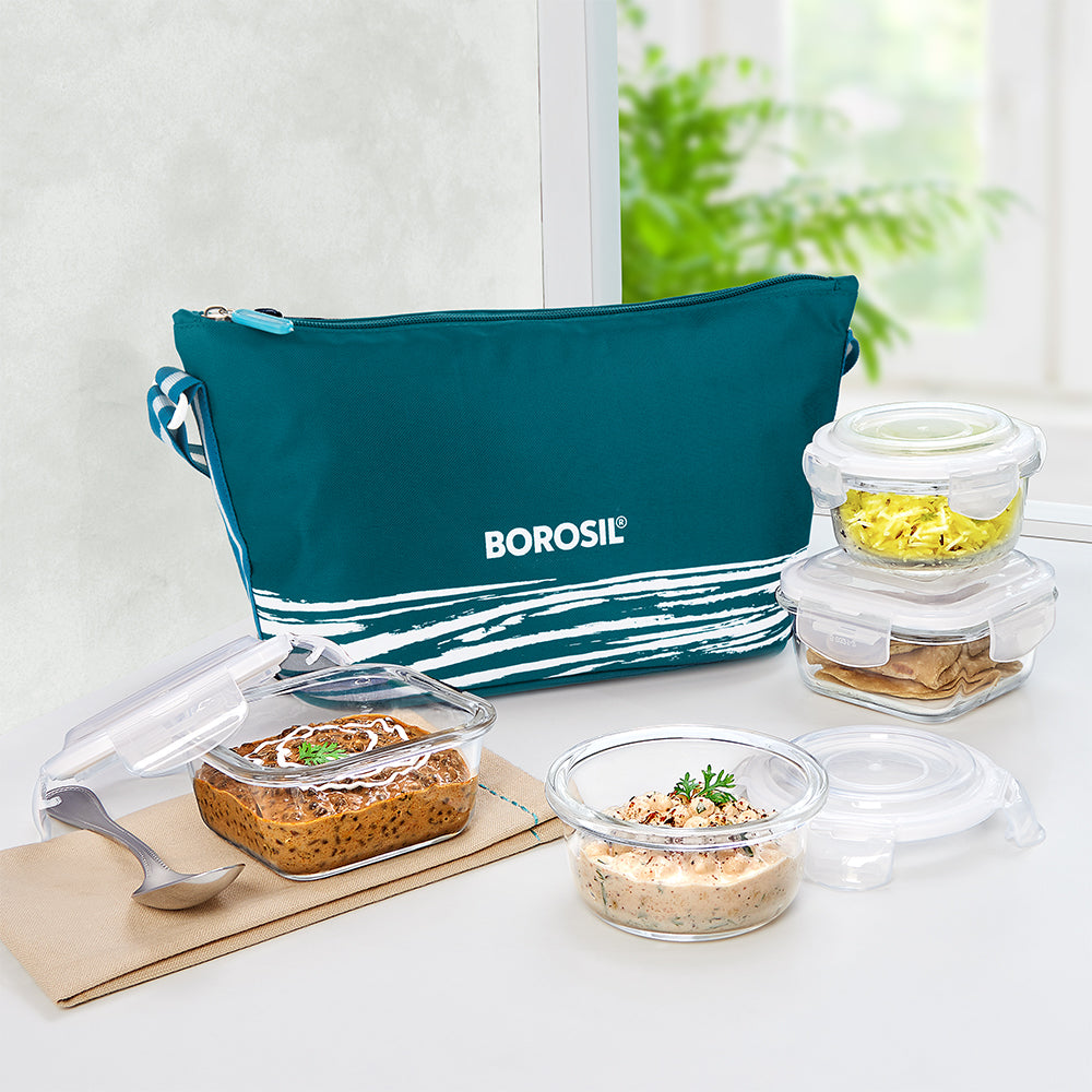 My Borosil Glass Lunchboxes Set of 4 (320 ml x 2 + 240 ml x 2) Steller Daisy Glass Lunch Box