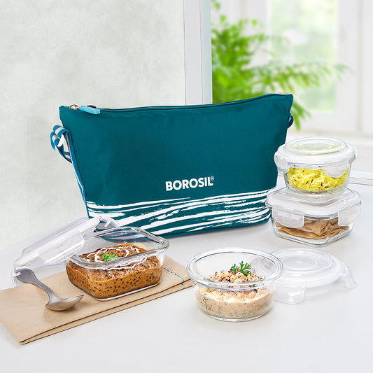 My Borosil Glass Lunchboxes Set of 4 (320 ml x 2 + 240 ml x 2) Steller Daisy Glass Lunch Box