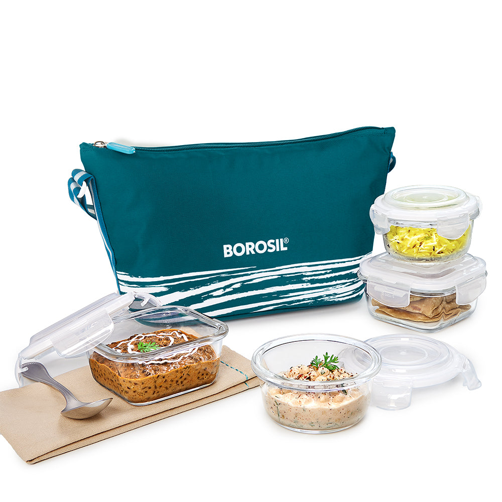 My Borosil Glass Lunchboxes Set of 4 (320 ml x 2 + 240 ml x 2) Steller Daisy Glass Lunch Box