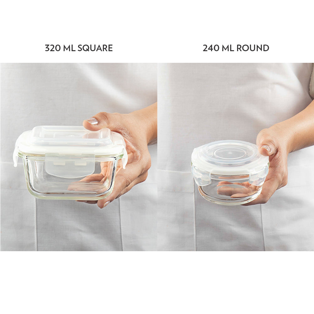 My Borosil Glass Lunchboxes Set of 4 (320 ml x 2 + 240 ml x 2) Steller Daisy Glass Lunch Box