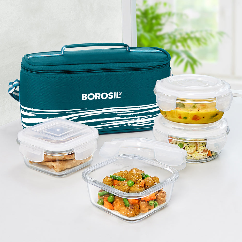 My Borosil Glass Lunchboxes Set of 4 (320 ml x 2 + 240 ml x 2) Steller Universal Glass Lunch Box