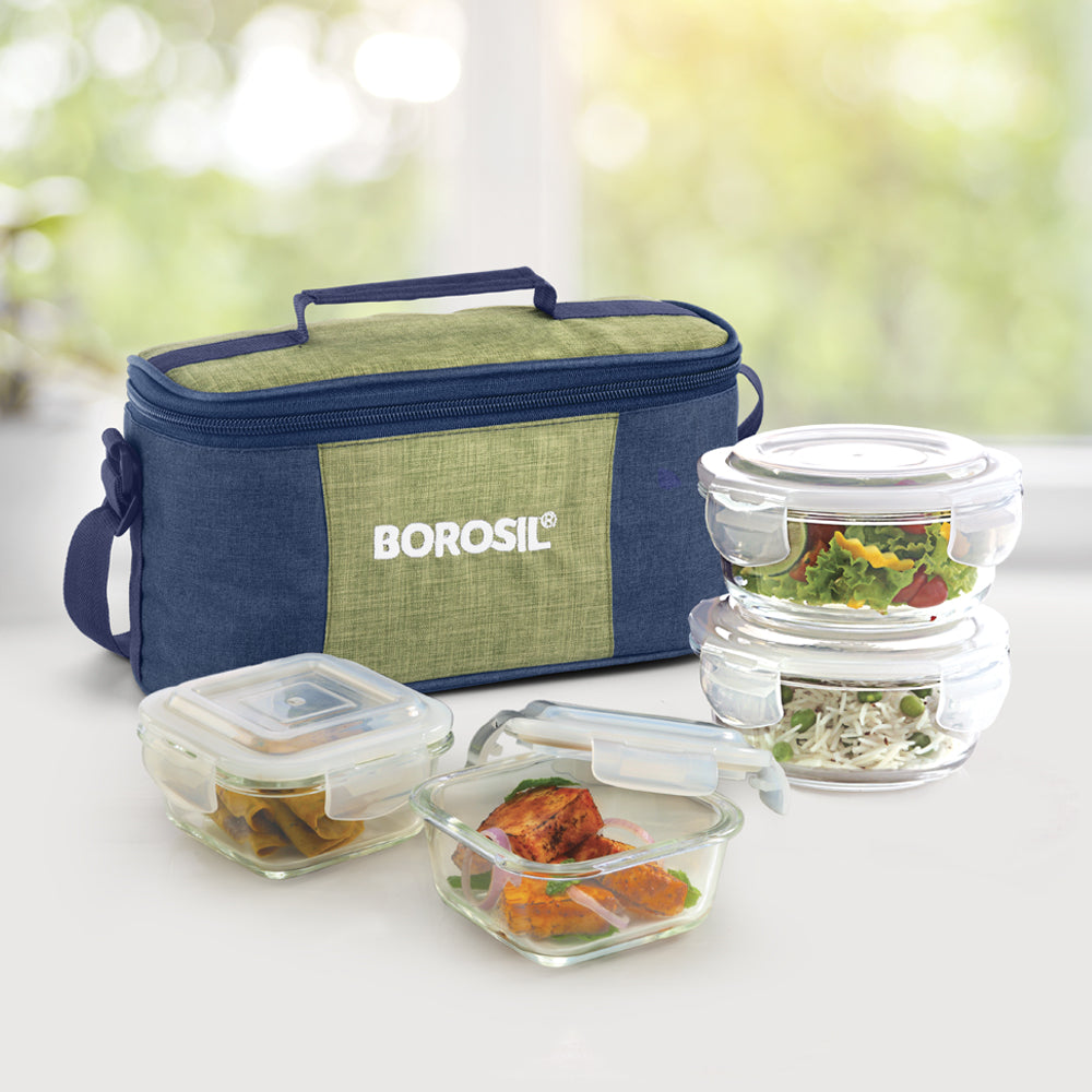 My Borosil Glass Lunchboxes Set of 4 (320 ml x 2 + 400 ml x 2) Ace Green Universal Glass Lunch Box