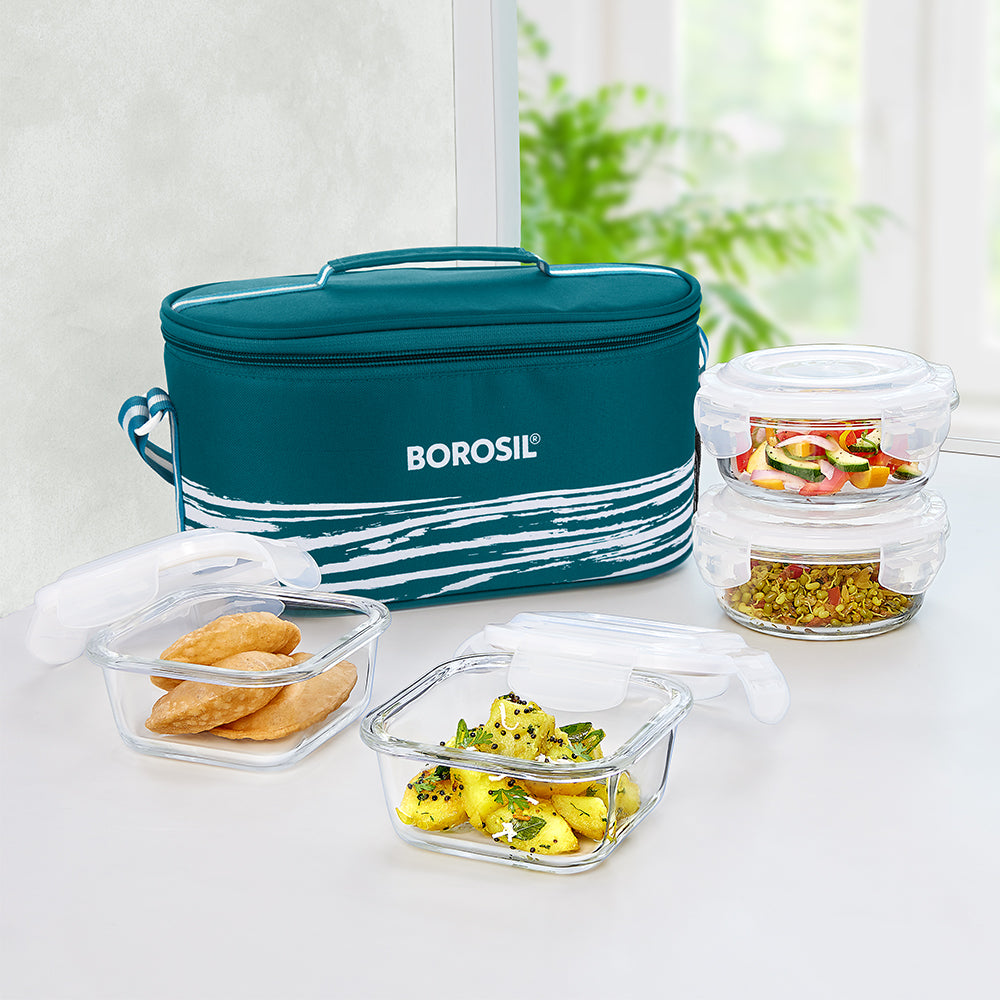 My Borosil Glass Lunchboxes Set of 4 (320 ml x 2 + 400 ml x 2) Steller Glass Lunch Box, 4 Pcs