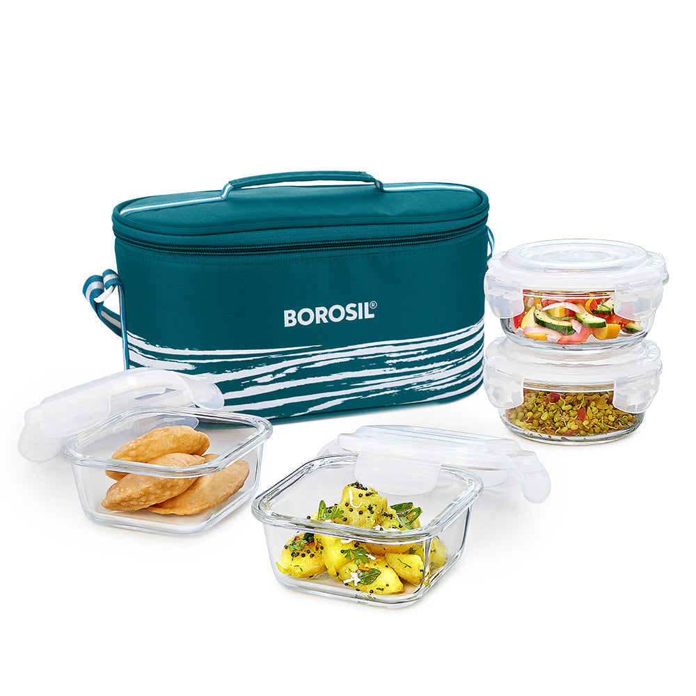 My Borosil Glass Lunchboxes Set of 4 (320 ml x 2 + 400 ml x 2) Steller Glass Lunch Box, 4 Pcs