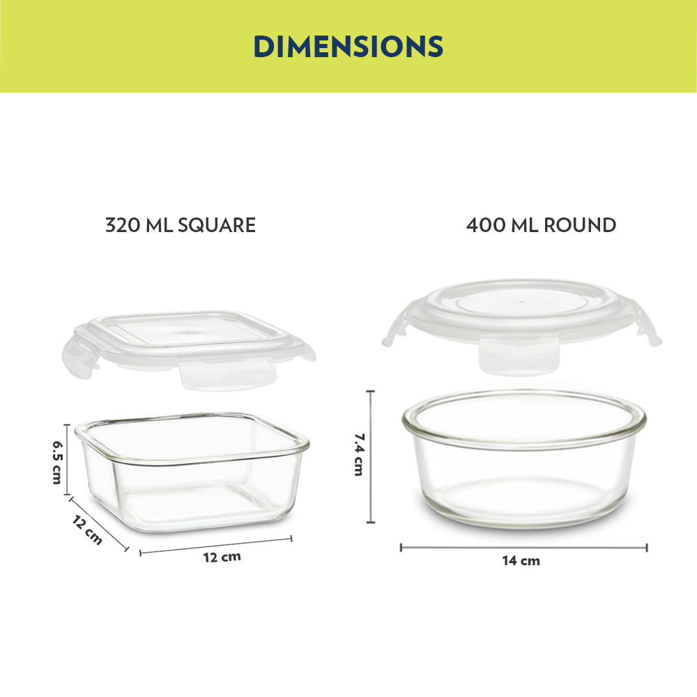 My Borosil Glass Lunchboxes Set of 4 (320 ml x 2 + 400 ml x 2) Steller Glass Lunch Box, 4 Pcs