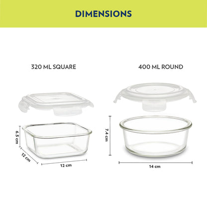 My Borosil Glass Lunchboxes Set of 4 (320 ml x 2 + 400 ml x 2) Steller Glass Lunch Box, 4 Pcs