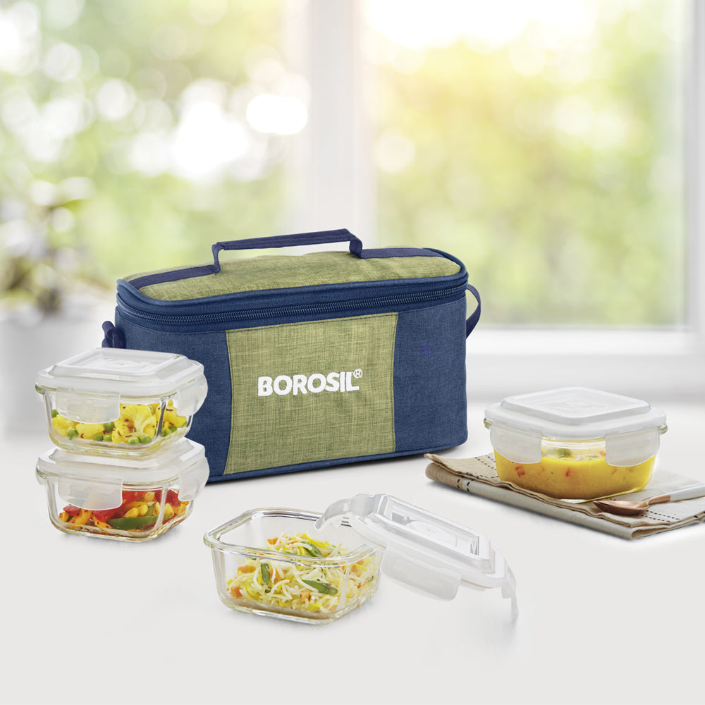 My Borosil Glass Lunchboxes Set of 4, 320ml Ace Green Glass Lunch Box, Square x 4 (Flat)