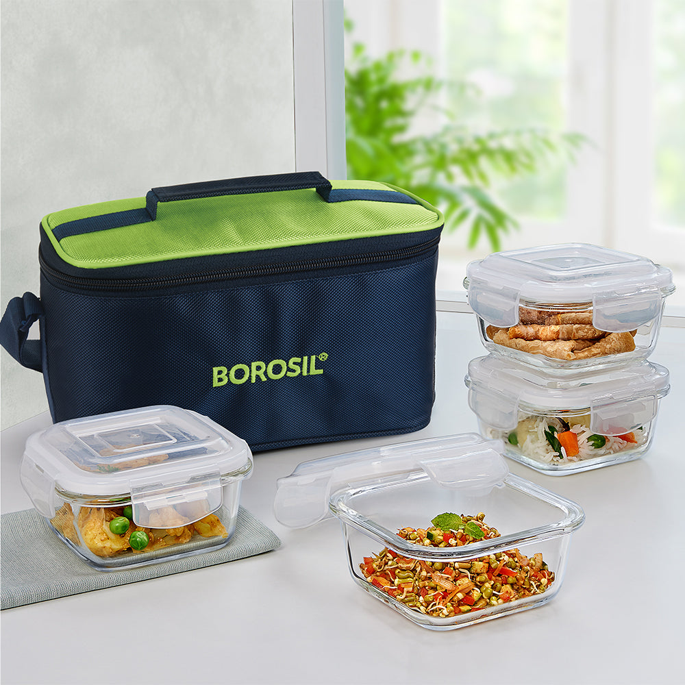 My Borosil Glass Lunchboxes Set of 4, 320ml Alfa Aroma Green Glass Lunch Box, Square x 4