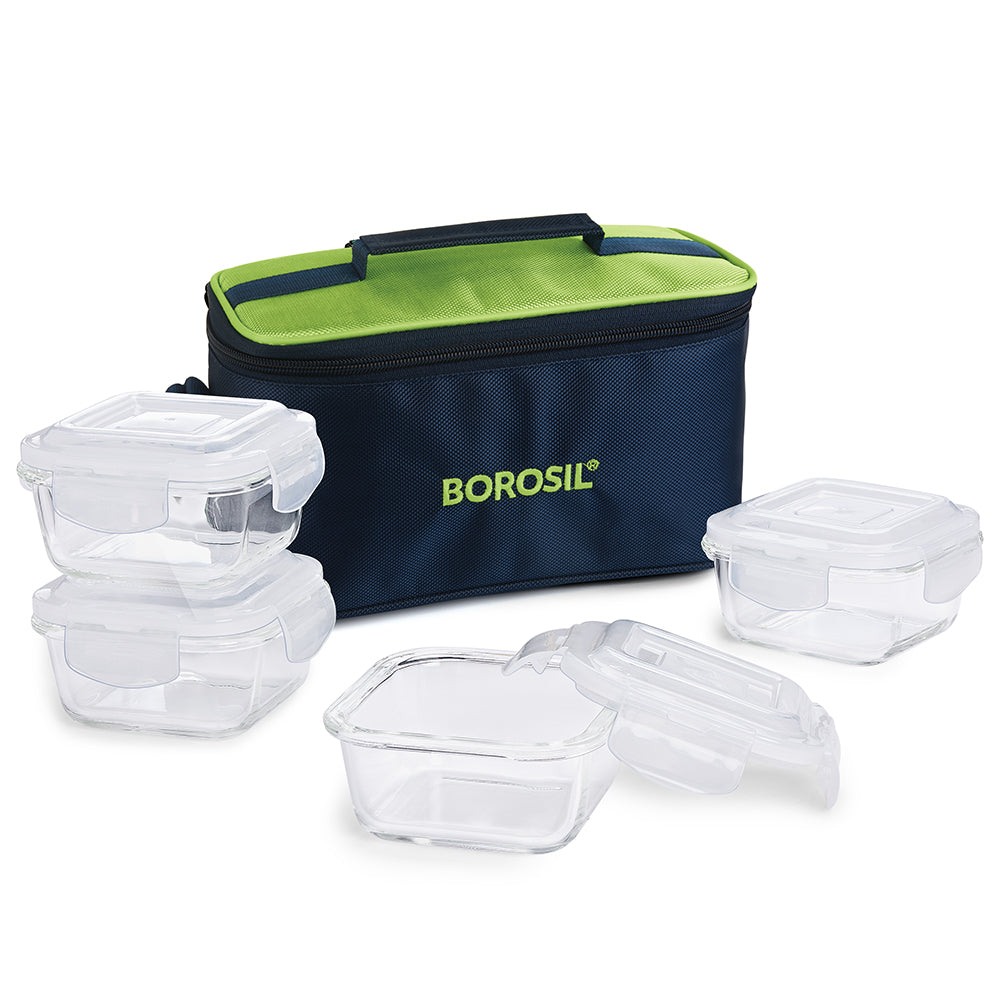 My Borosil Glass Lunchboxes Set of 4, 320ml Alfa Aroma Green Glass Lunch Box, Square x 4