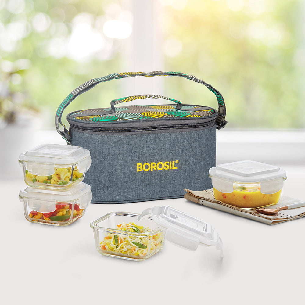 Foodluck Olive Glass Lunch Box, Square x 4, Set of 4, 320ml