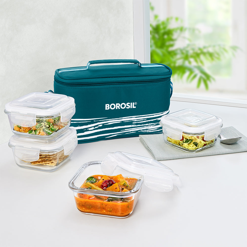 My Borosil Glass Lunchboxes Set of 4, 320ml Steller Glass Lunch Box, Square x 4