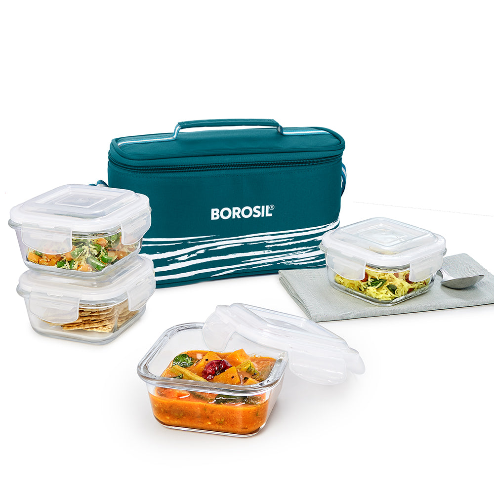 My Borosil Glass Lunchboxes Set of 4, 320ml Steller Glass Lunch Box, Square x 4