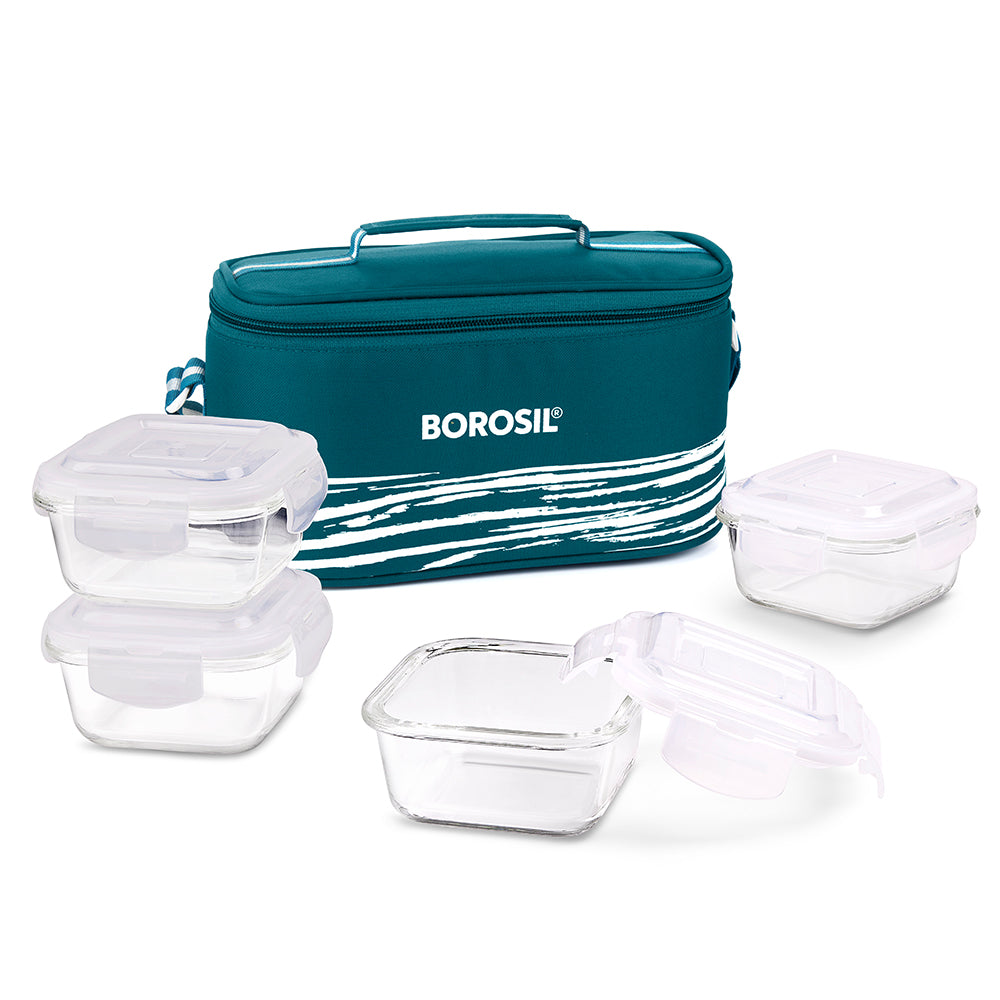 My Borosil Glass Lunchboxes Set of 4, 320ml Steller Glass Lunch Box, Square x 4