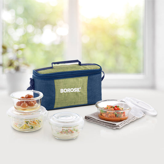 My Borosil Glass Lunchboxes Set of 4 (400 ml x 2 + 240 ml x 2) Ace Fusion Glass Lunch Box, Round x 4 (Flat)