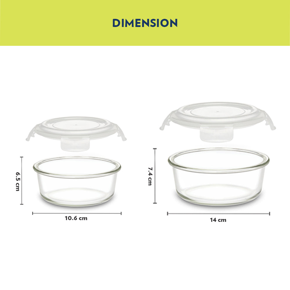 My Borosil Glass Lunchboxes Set of 4 (400 ml x 2 + 240 ml x 2) Ace Fusion Glass Lunch Box, Round x 4 (Flat)