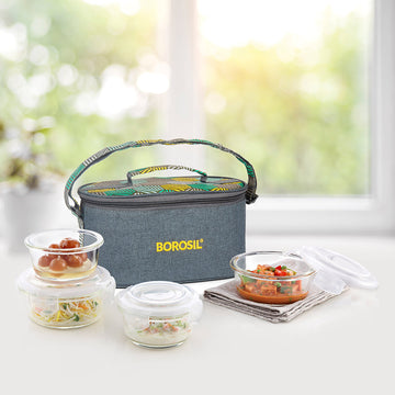 Foodluck Olive Glass Lunch Box, Round x 4