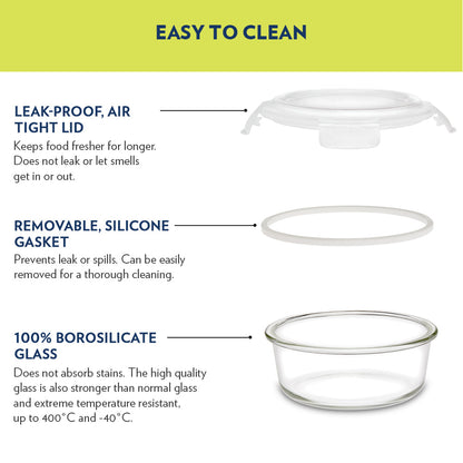 My Borosil Glass Lunchboxes Set of 4 (400 ml x 2 + 240 ml x 2) Food Luck Olive Glass Lunch Box, Round x 4