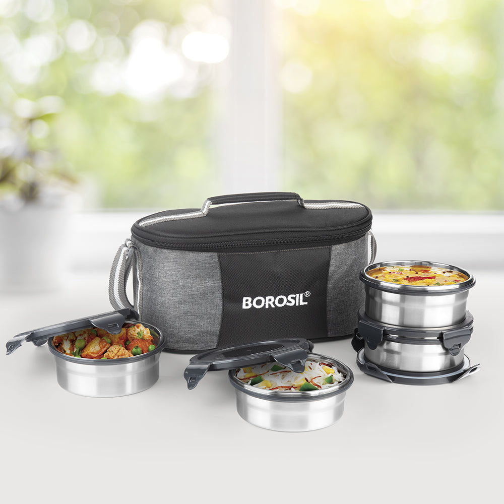 My Borosil Glass Lunchboxes Set of 4 (400 ml x 2, 250 ml x 2) Feast Universal Stainless Steel Lunch Box