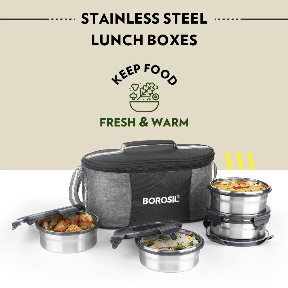 My Borosil Glass Lunchboxes Set of 4 (400 ml x 2, 250 ml x 2) Feast Universal Stainless Steel Lunch Box