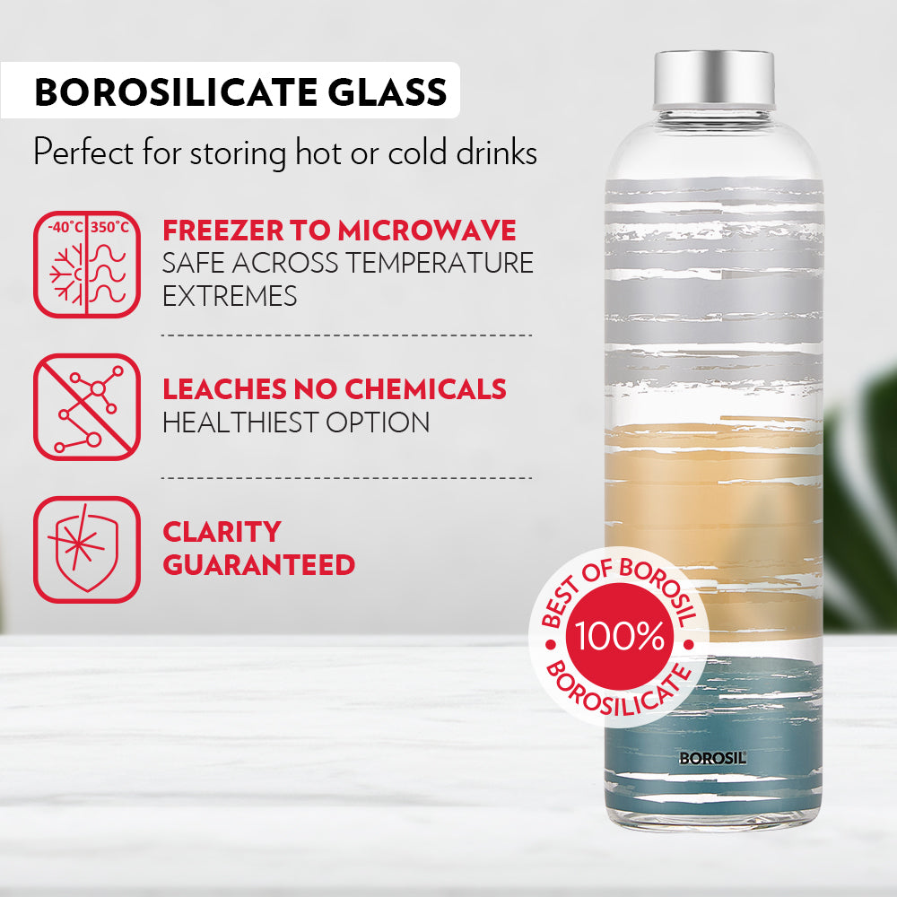 My Borosil Glass Water Bottles Glance Glass Bottle w Narrow Mouth, Silver Lid