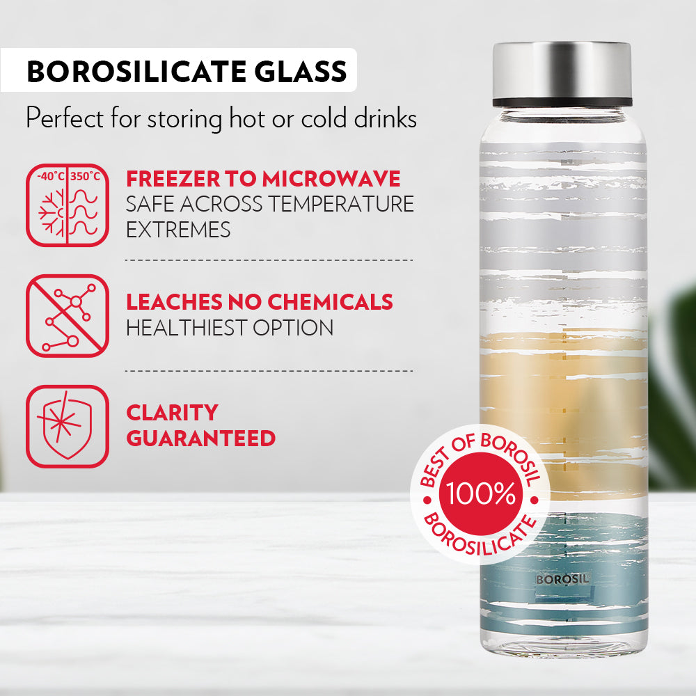 My Borosil Glass Water Bottles Glance Glass Bottle w Wide Mouth, Silver Lid