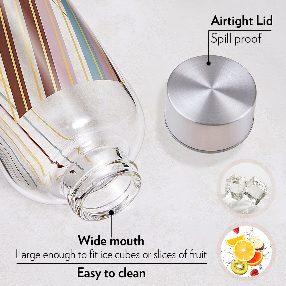 My Borosil Glass Water Bottles Prism Glass Bottle w Narrow Mouth, Silver Lid